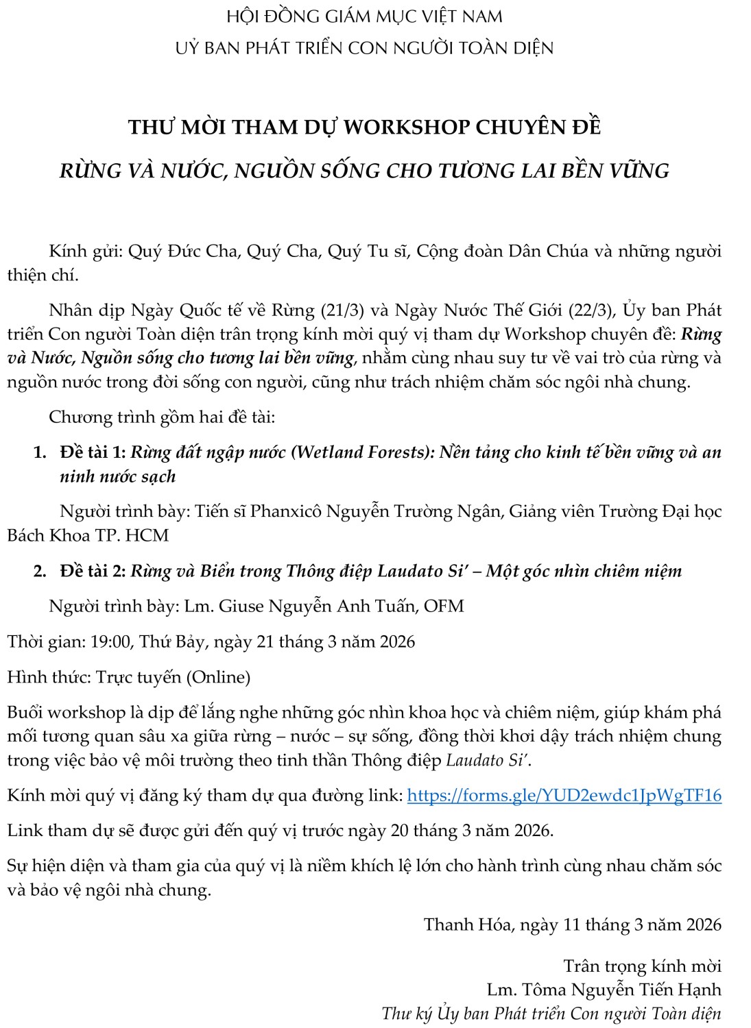 THƯ MỜI THAM DỰ WORKSHOP CHUYÊN ĐỀ